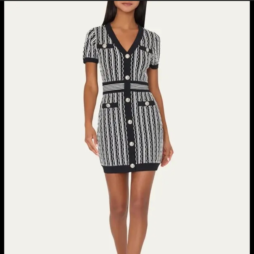 Milly Black and White Scalloped textured v neck mini dress. NWT